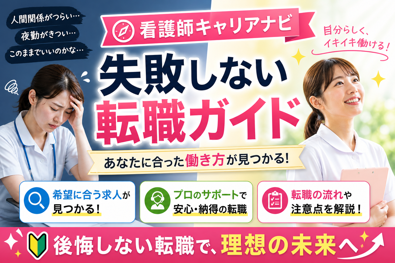 看護師が人間関係や夜勤に悩み転職を迷っている状態から、自分に合った働き方を見つけて笑顔で働く未来を描いた転職ガイドのアイキャッチ画像