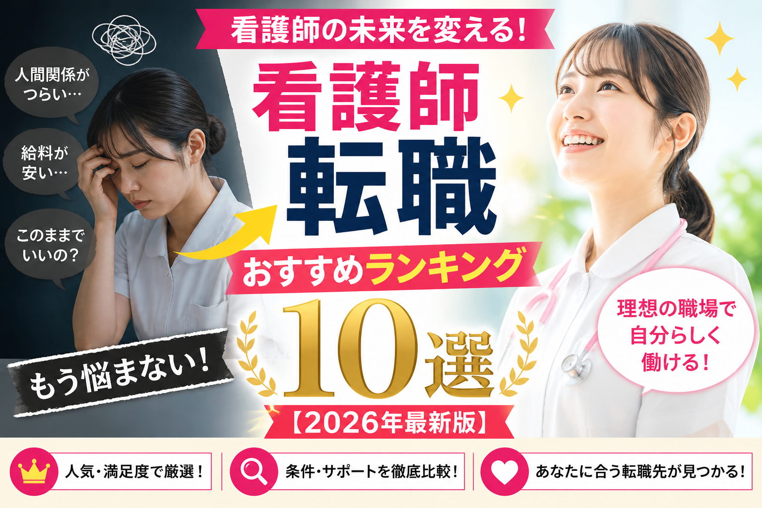 看護師が職場の人間関係や低給与に悩む姿から、転職後に笑顔で働く姿へ変化する比較イメージと「看護師転職おすすめランキング10選2026年最新版」の文字
