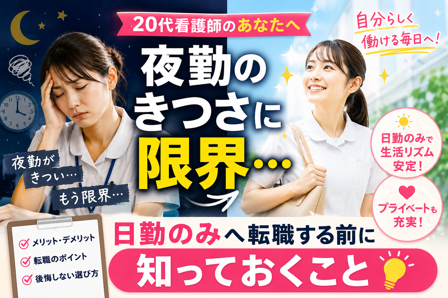 20代看護師が夜勤のつらさに限界を感じ、日勤のみの働き方へ転職を考える様子を表現したアイキャッチ画像