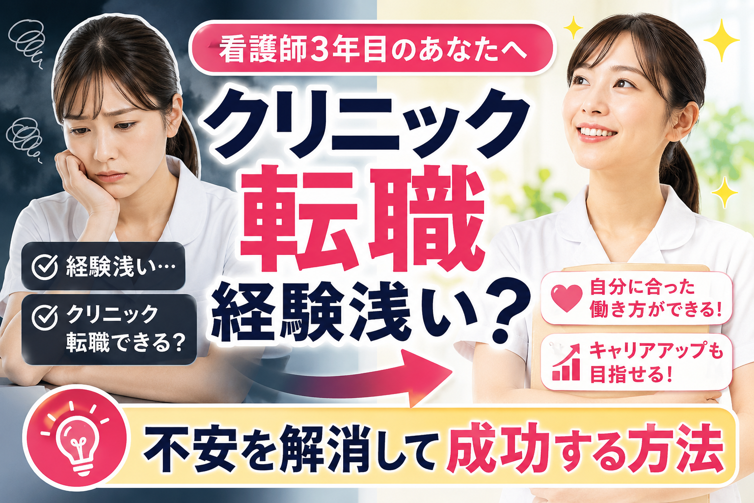 看護師3年目でクリニック転職に不安を感じる女性看護師が、経験不足の悩みを解消して前向きに転職成功を目指すアイキャッチ画像