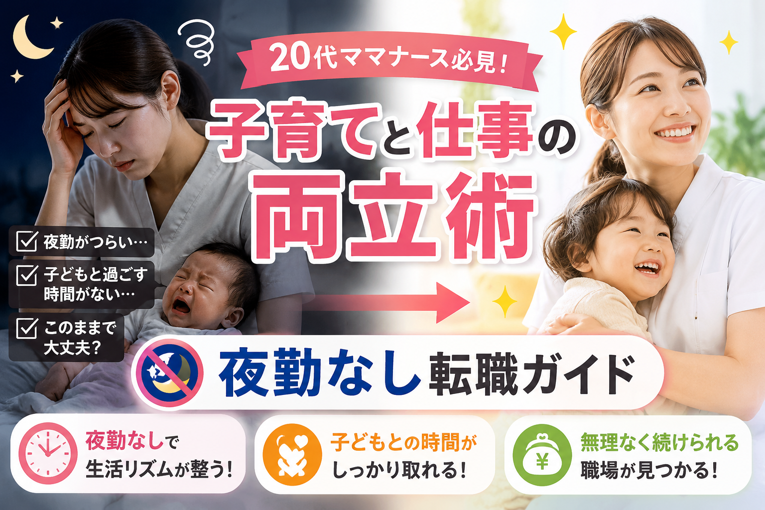 20代ママナースが子育てと仕事を両立するために夜勤なし転職を検討するアイキャッチ画像