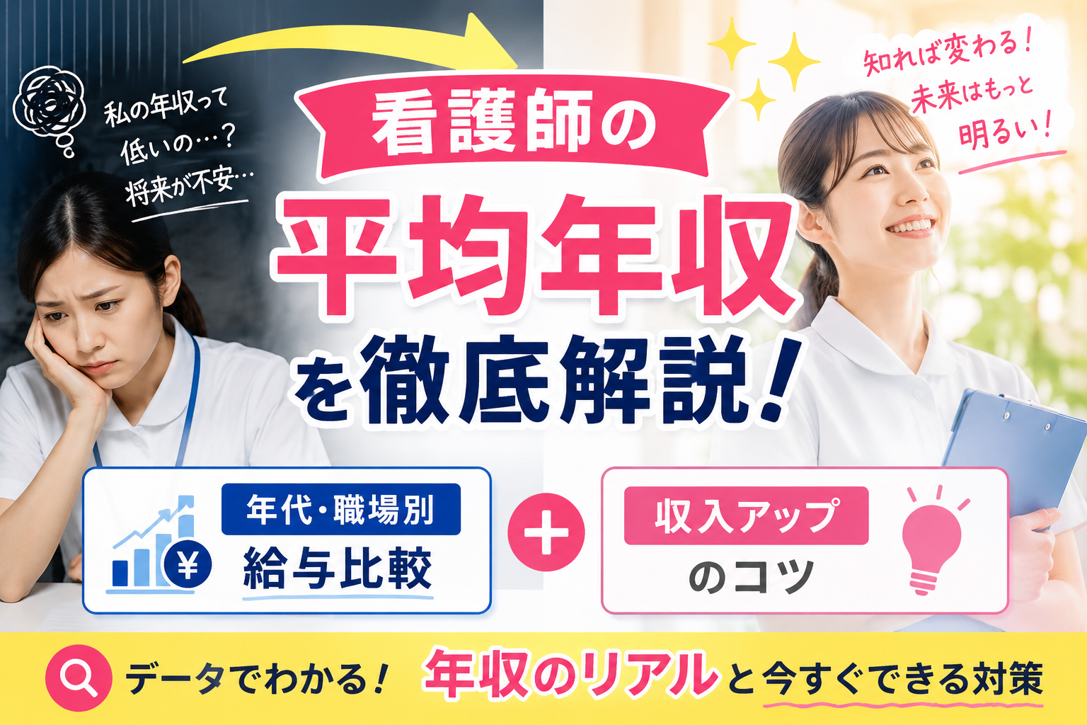 看護師の平均年収について年代別・職場別の給与比較と収入アップのコツを解説するアイキャッチ画像