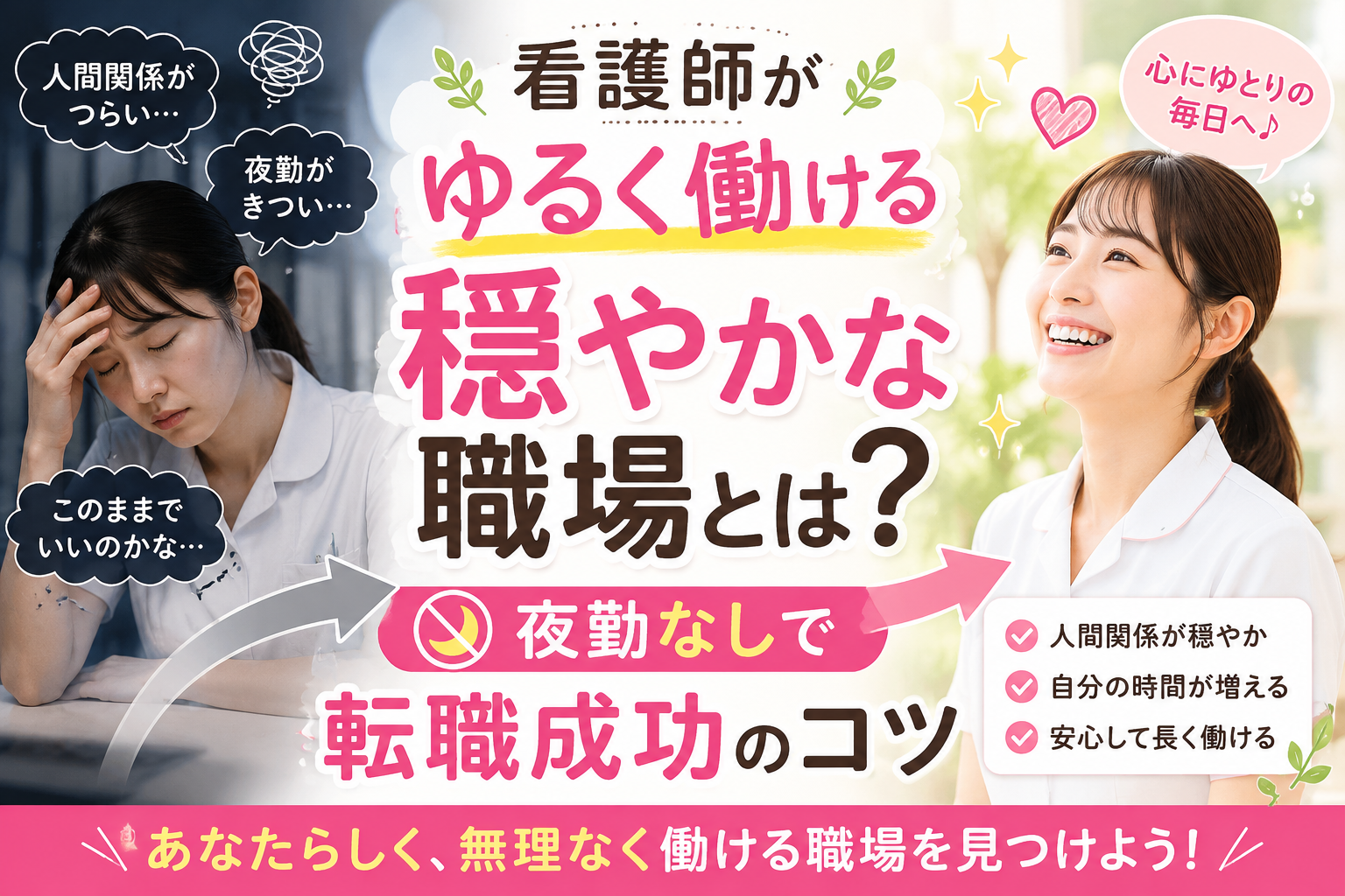 夜勤なしでゆるく働ける穏やかな職場へ転職したい看護師に向けた、ストレスのある職場から安心して長く働ける職場へ変わるイメージのアイキャッチ画像