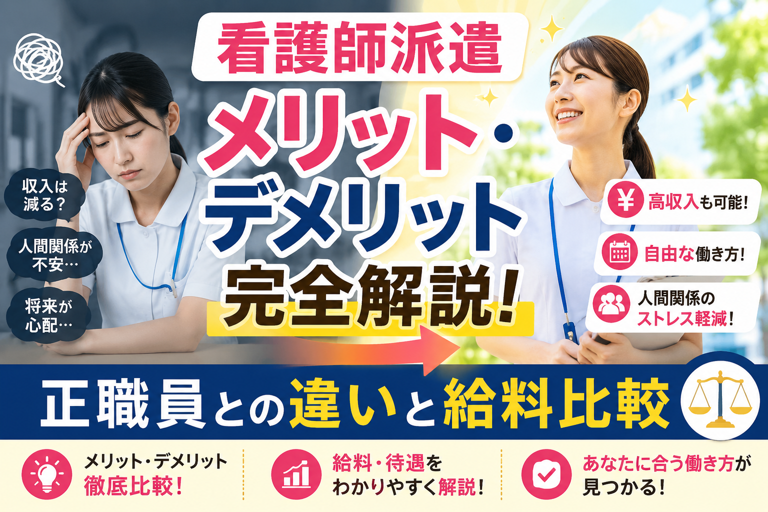 看護師派遣のメリット・デメリット、正職員との違い、給料比較を不安から安心へ導くアイキャッチ画像