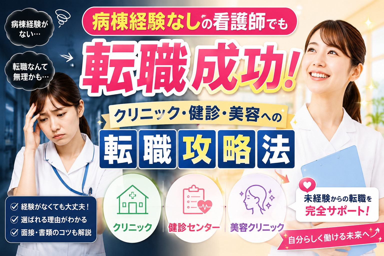 病棟経験なしの看護師がクリニック・健診センター・美容クリニックへの転職を成功させる方法を解説するアイキャッチ画像